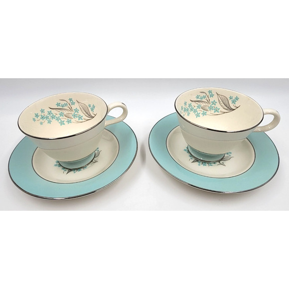 Sevron Powder Blue Lace Tea Coffee Cup Saucer Silver Trim 1950's Set of 2 - Picture 3 of 16